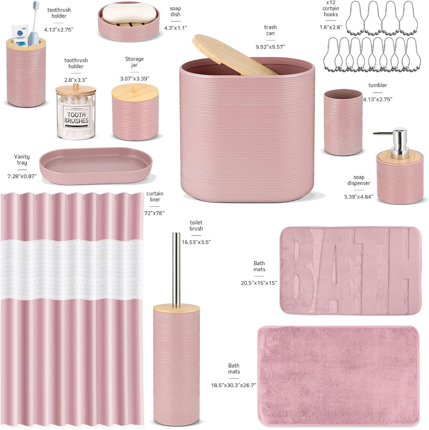 IMAVO Pink Bathroom Set,26Pcs Bathroom Accessories Set with PVC Shower Curtain,Rugs,Trash Can,Tray,Soap Dispenser,Soap Dish,Toothbrush Holder,Toothbrush Cup,Toilet Brush Holder and Qtip Holders