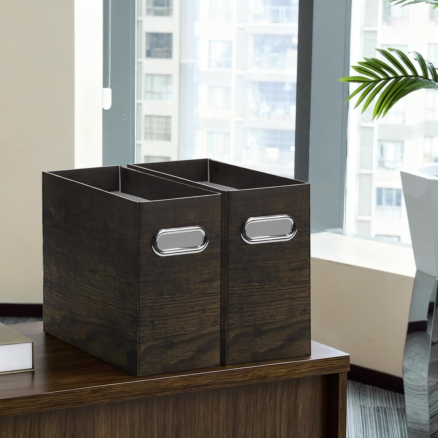 Oterri Cardboard File Organizer Box for Hanging File Folders Letter Size,File Box for Computer Desk,File Cabinet,Working Home,Office,Classroom (Brown Wood Grain Print, Letter Size - 2 Packs)