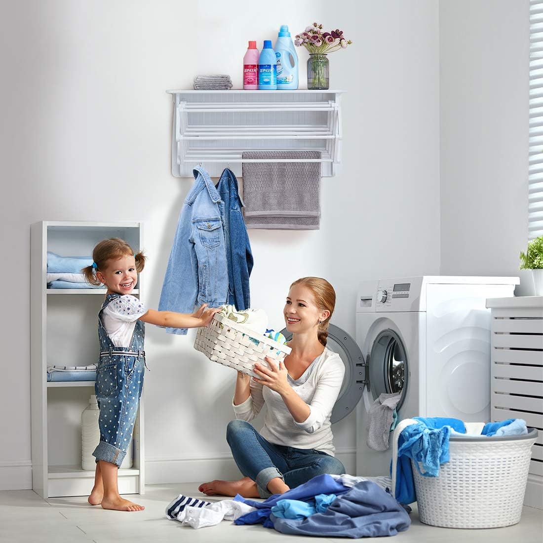 Danya B Accordion Clothes Drying Rack, Retractable, Wall Mounted Towel Rack and Hooks for Clothes and Towels for use in Laundry Room or Garage (White)