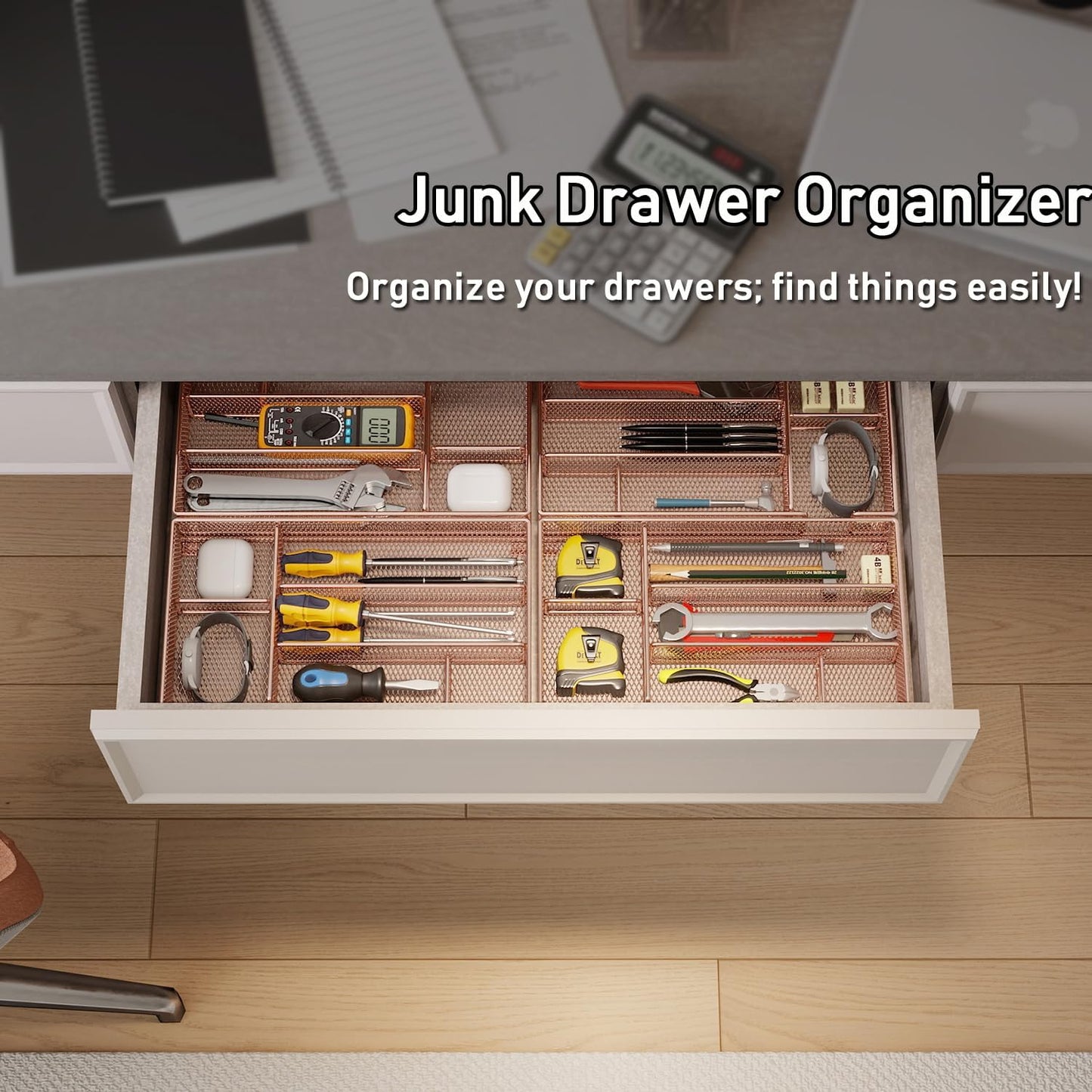 Desk Drawer Organizer Tray, Mesh Desk Organizer, Office Drawer Organizer, Desk Accessories & Workspace Organizers, Suitable for Tools, Pencils, Office Supplies Storage (Rose Gold)