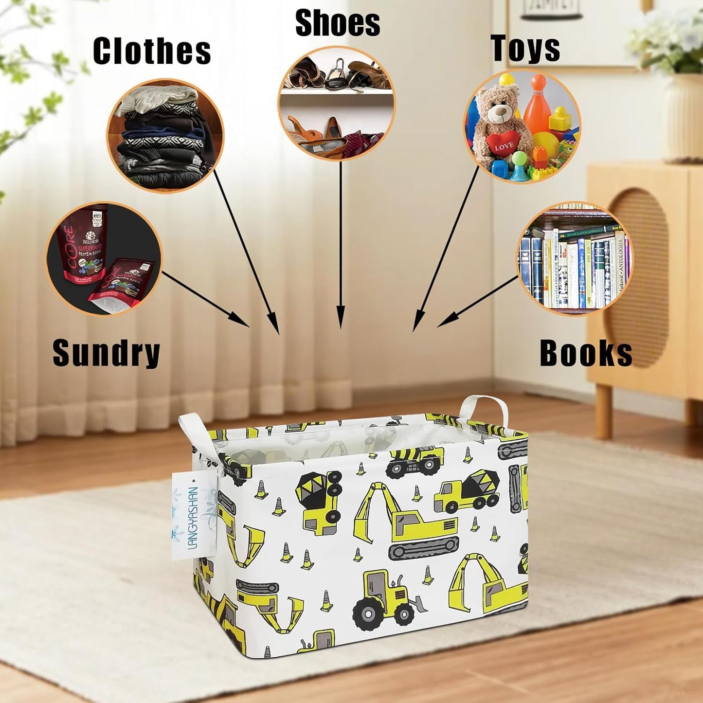 LANGYASHAN Rectangular Storage Bin Collapse Canvas Fabric Cartoon Storage Basket with Handles for Organizing Home Kitchen Boys and Girls Toys Office Closet Shelf Baskets (Rec Engineering Vehicle)
