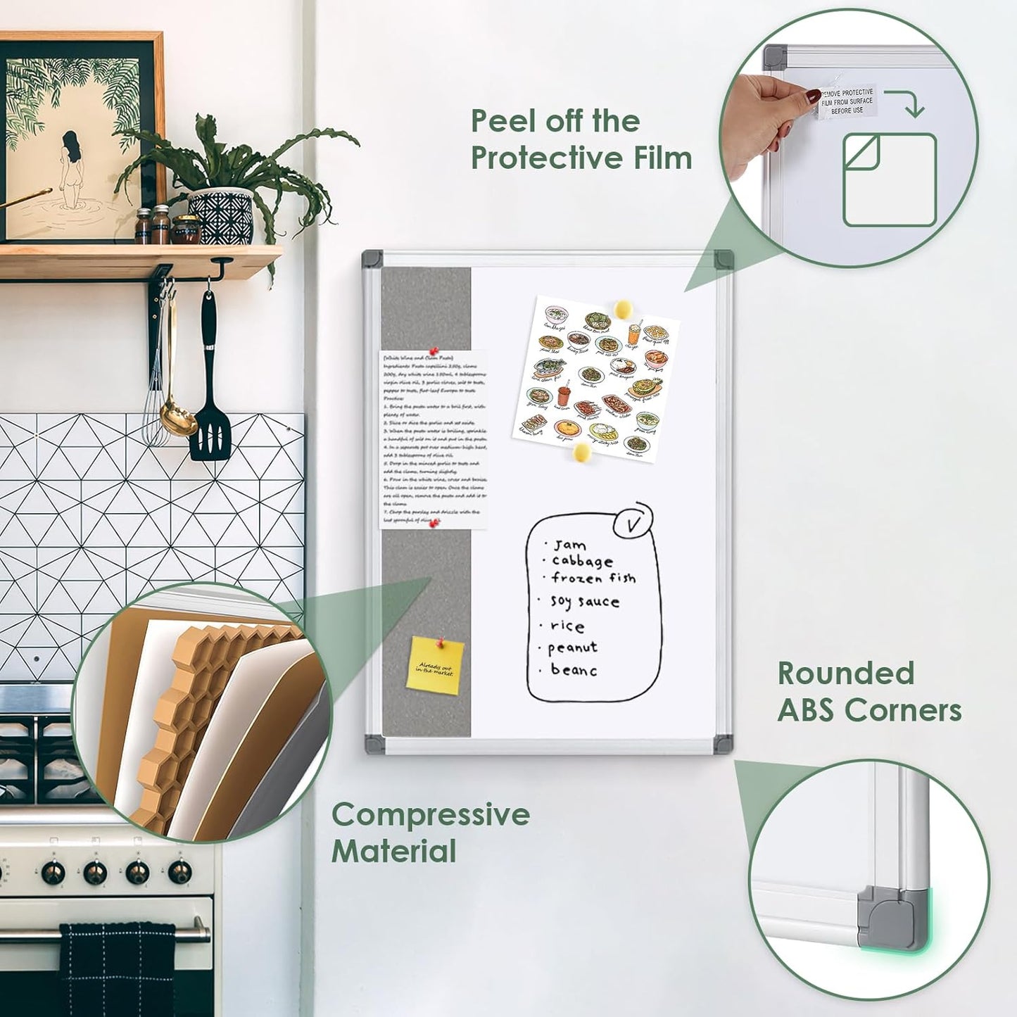 Combo Dry Erase Bulletin Board Wall Mounted Whiteboard and Pin Board Vision Board for Home Kitchen School Office College,Whiteboard & Felt Gray,36x24inches