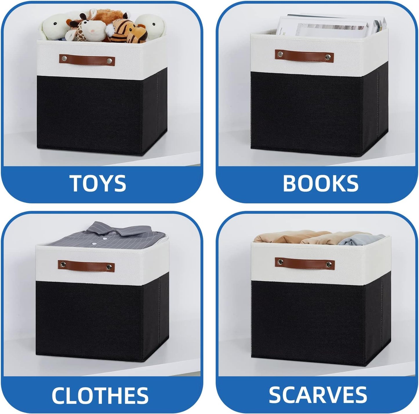 Temary Foldable Storage Cubes Set of 4 - Organizers with Handles, Decorative Storage Boxes for Home, Office (White&Black)