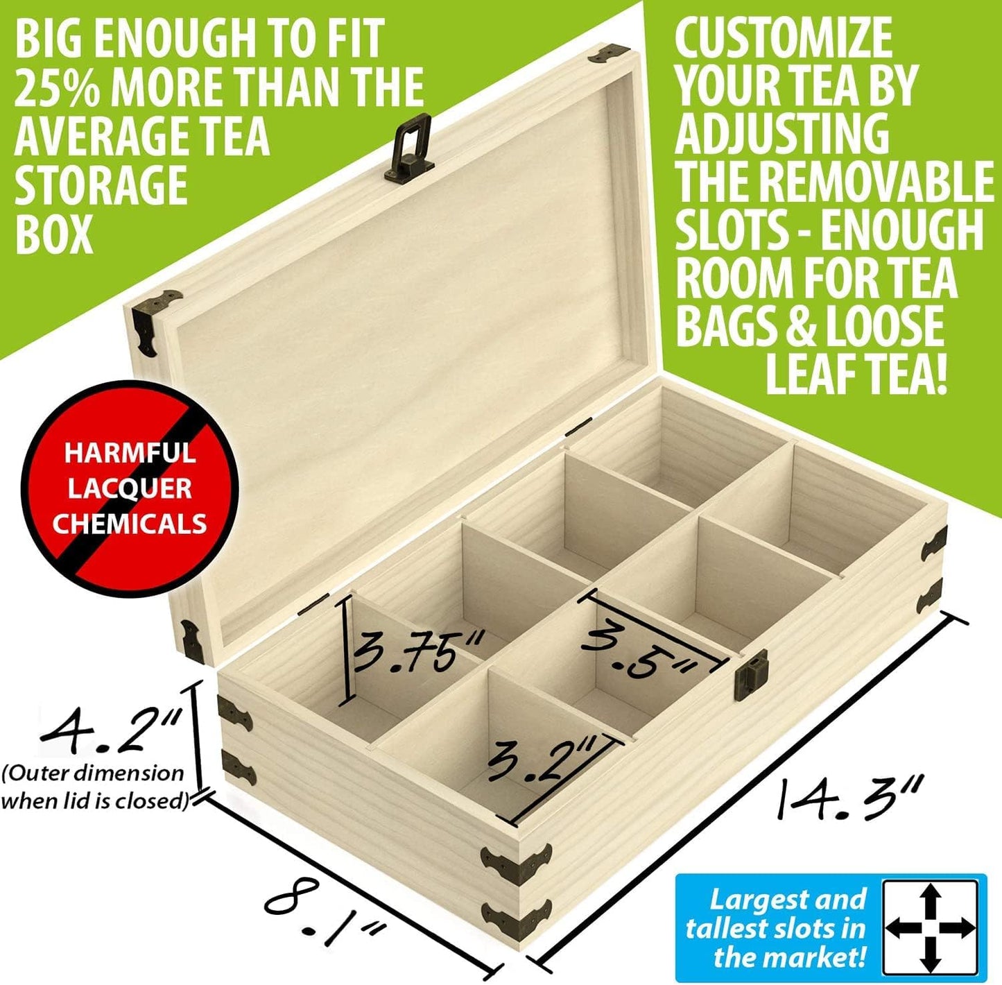 Large Wooden Tea Organizer Box, Big 14" Pine Storage Chest | 8-Slot Tall, Adjustable Shelves | 100% Handmade Craft Eco-Friendly Natural Décor