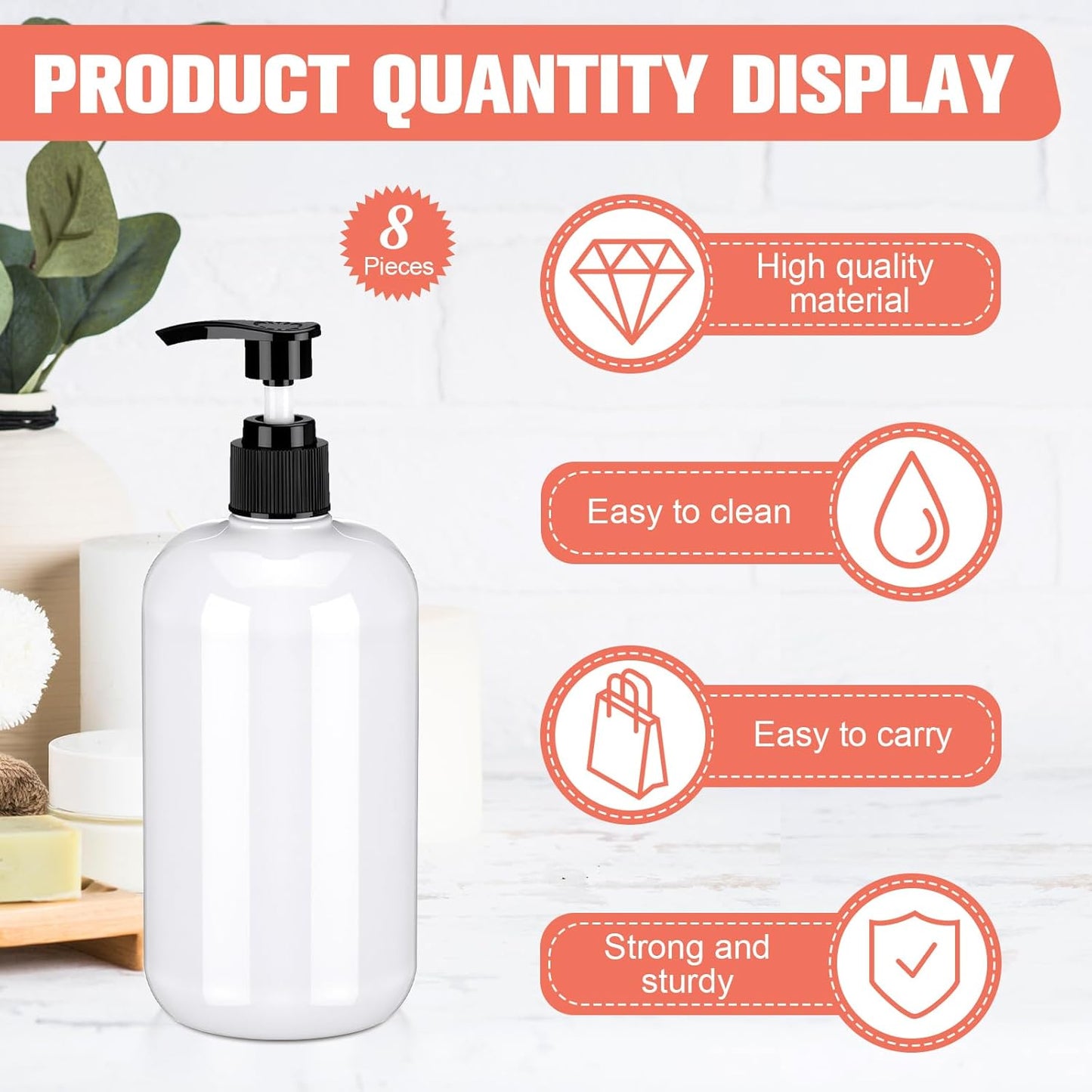 8 Pcs Plastic Pump Bottles Empty Lotion Bottle with Pump Refillable Dish Soap Dispenser Portable Hand Soap Dispenser Shampoo Lotion Container for Oil Liquid Soap(White,16 oz)