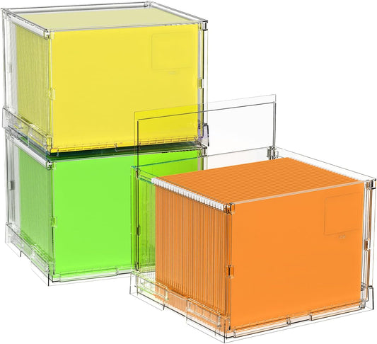File Organizer Box with Lid,Hanging Filing Folder Organizer for Document Storage with Plastic Slide,Letter-size File Holder Filing Box for Office/Home/Decor/（3Pack）
