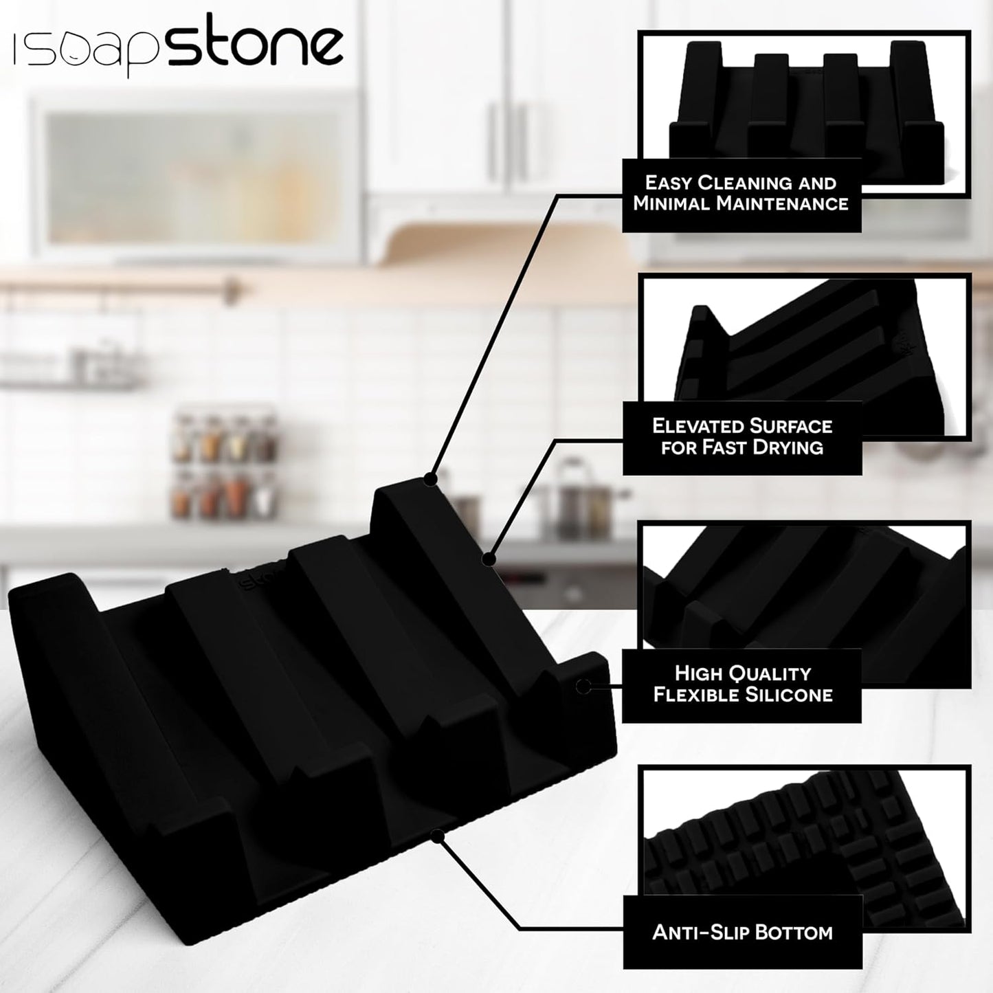 Silicone Soap Dish (USA Patented) Self Draining Bar Soap Holder for Shower Bathroom Sink, Drying Soap Dish Tray Sponge Holder Easy Cleaning Soap Saver Travel Accessories (Black, 1)