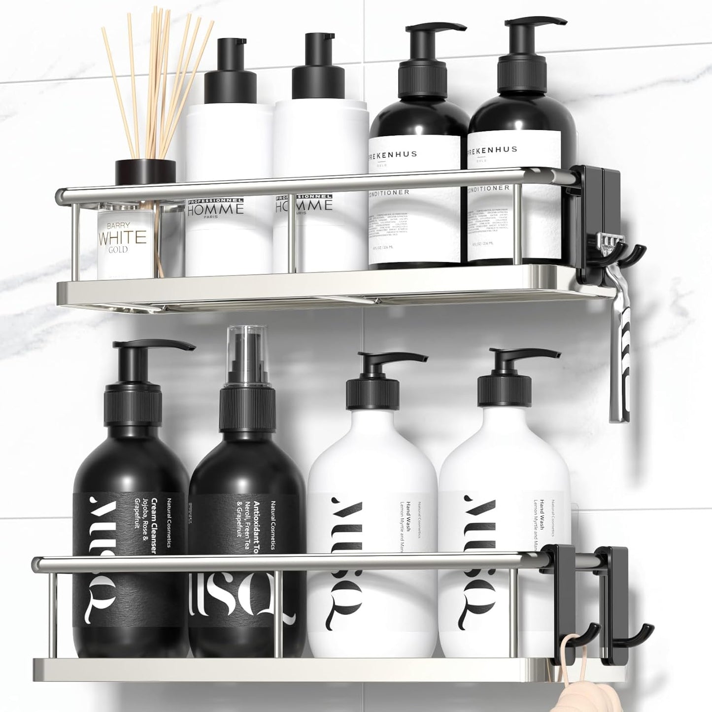 YASONIC Shower Caddy Adhesive, No Drill Bathroom Shower Organizers, with Removable Hooks, Rust Proof Shower Shelves, Wall-Mounted Shower Holder, 2 Pack Silver