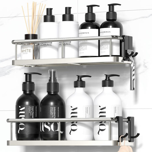 YASONIC Shower Caddy Adhesive, No Drill Bathroom Shower Organizers, with Removable Hooks, Rust Proof Shower Shelves, Wall-Mounted Shower Holder, 2 Pack Silver