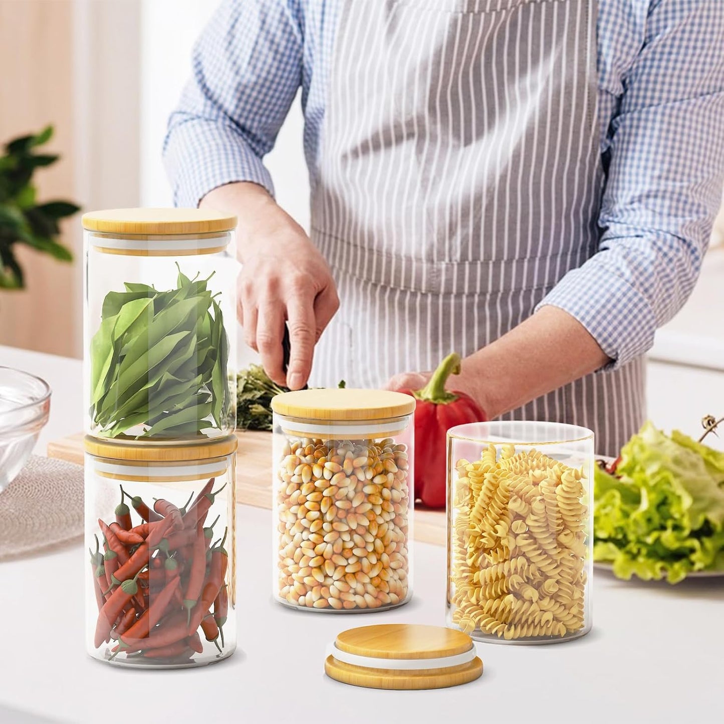 6 Piece Glass Storage Jars Set with Airtight Bamboo Lids and Labels,18.6oz/550ml Glass Spice Jars Food Storage Containers for Home Kitchen,Pantry, Tea, Sugar, Salt, Coffee, Flour, Herbs, Grains