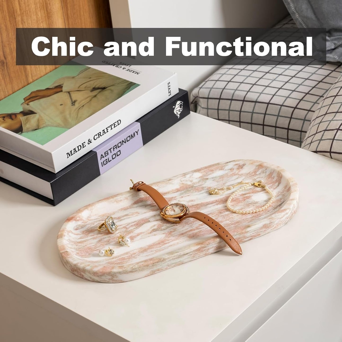 Koville Norway Natural Marble Tray, 12"x6" Vanity Decorative Tray for Countertop Organizer, Catchall for Perfume, Candles, Jewelry Dish