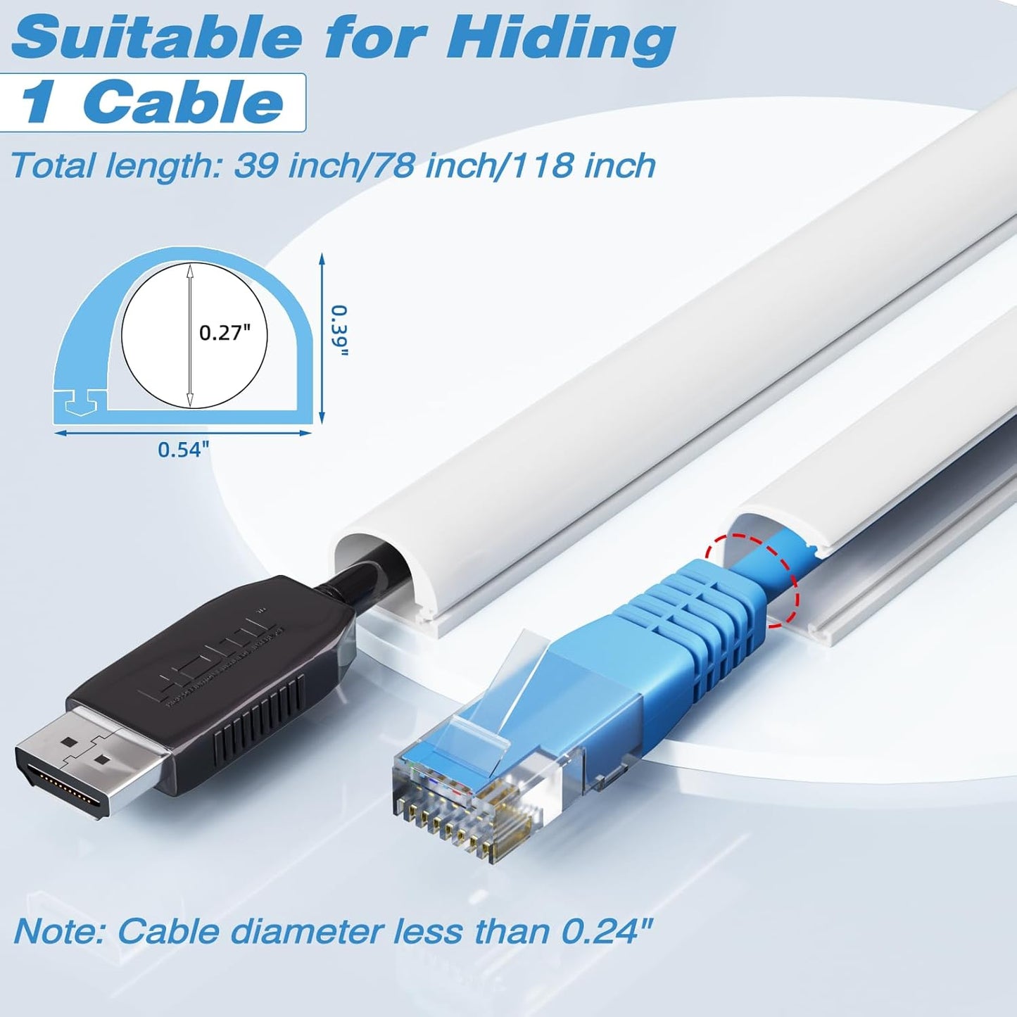 118" Silicone Cord Hider for 1 Cord,Flexible Side-Opening Self-Adhesive Cord Covers for Wires on Wall Mount TV,Easier Setup for Home Office Cable Management Wire Hider,0.54" W x 0.39" H,White