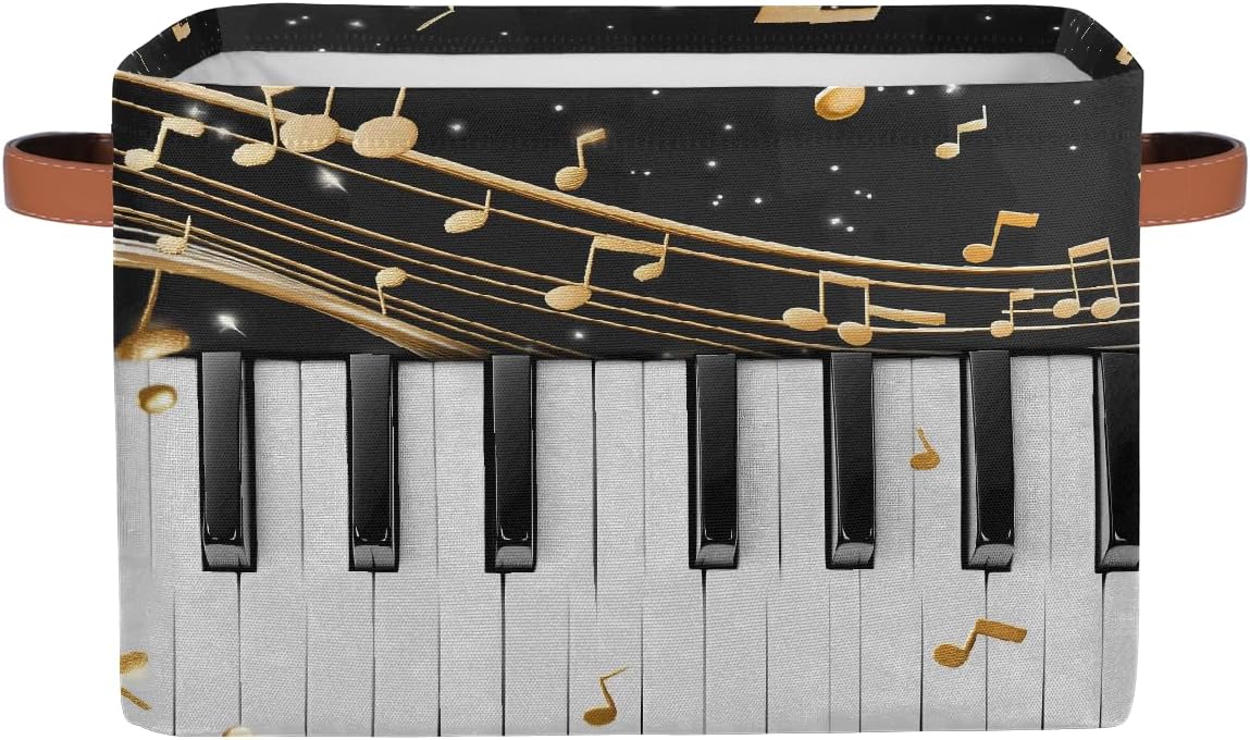 Music Notes Storage Basket for Shelves, Storage Bins with Handles, Collapsible Basket for Organizing, Closet Toy Baskets for Nursery Room, 15x11x9.5 in, Canvas, Musical Piano