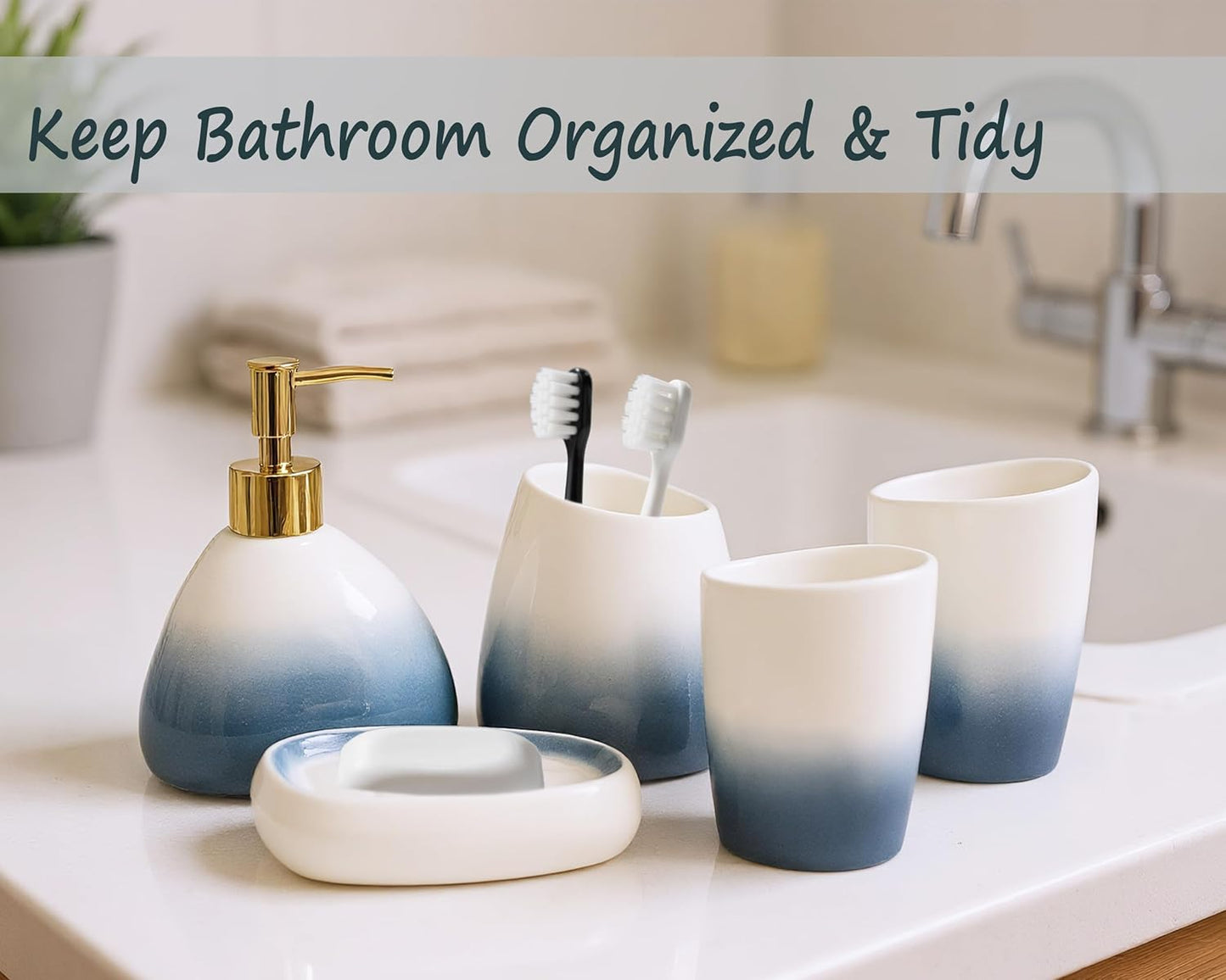 5 Piece Ceramic Bathroom Accessory Set in Ombre Blue, Includes Soap Dispenser, Toothbrush Holder, Soap Dish & 2 Mouthwash Cups, Modern Elegant Countertop Decor for Bathroom Vanity