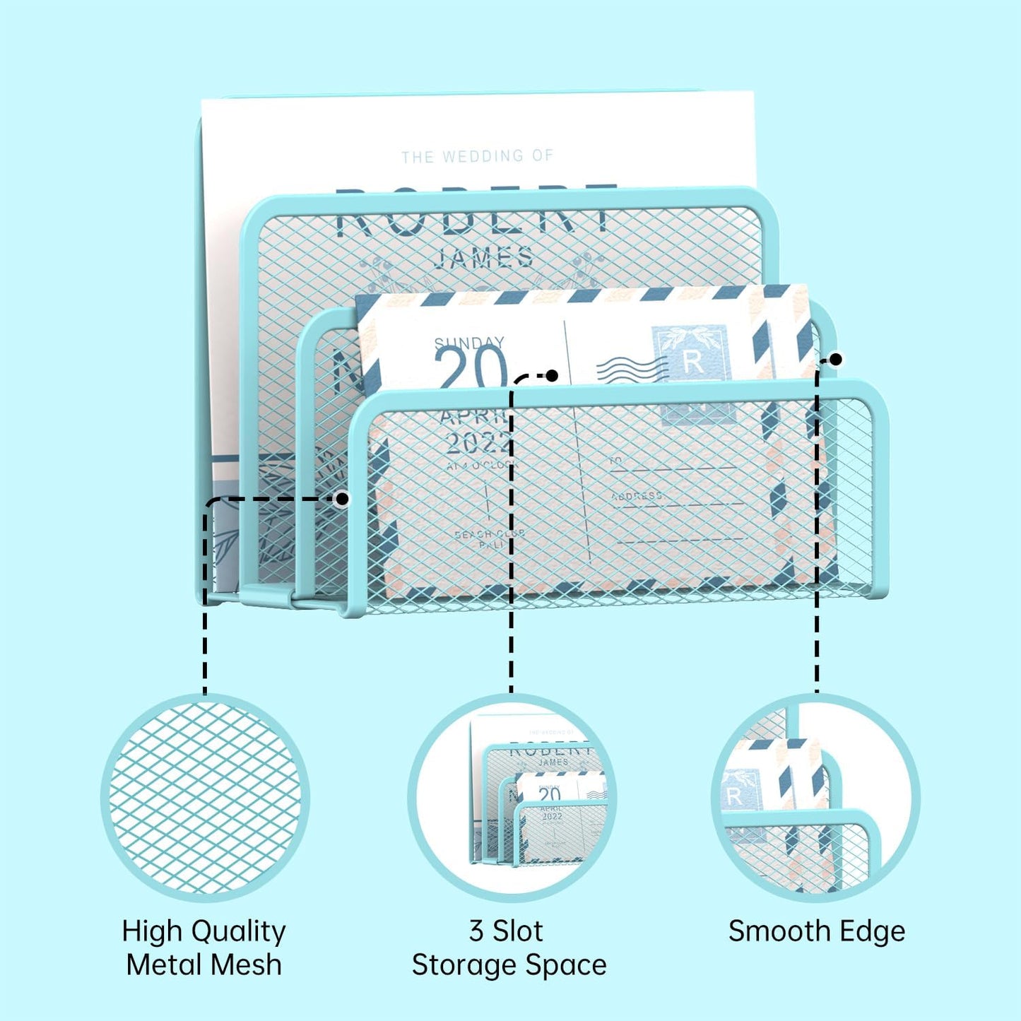 SUPEASY Mail Organizer for Desk, Mesh Metal Mail Holder Countertop with 3-Slot, Letter Sorter File Holder, Office Envelope Organizer for Mails (Blue)