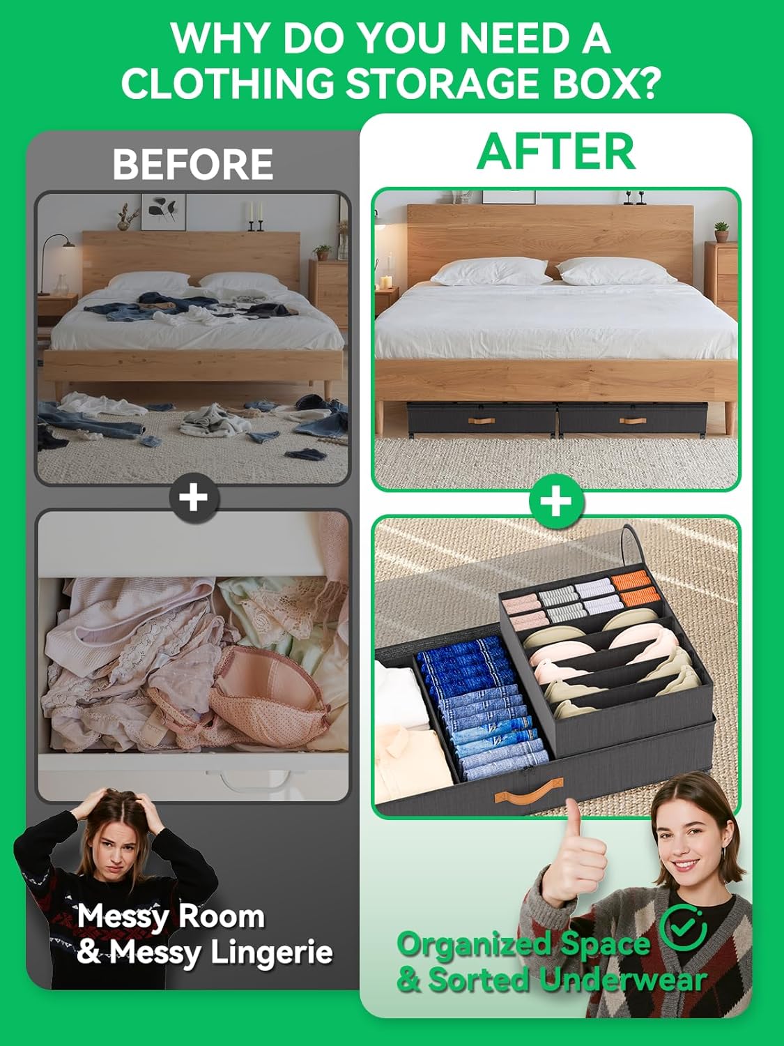 Under Bed Storage with Underwear Organizer Dividers, Scalable Under Bed Storage Containers with Wheels and Lids, 2Pack Underbed Storage Organizer Rolling Bins for Shoes Clothes