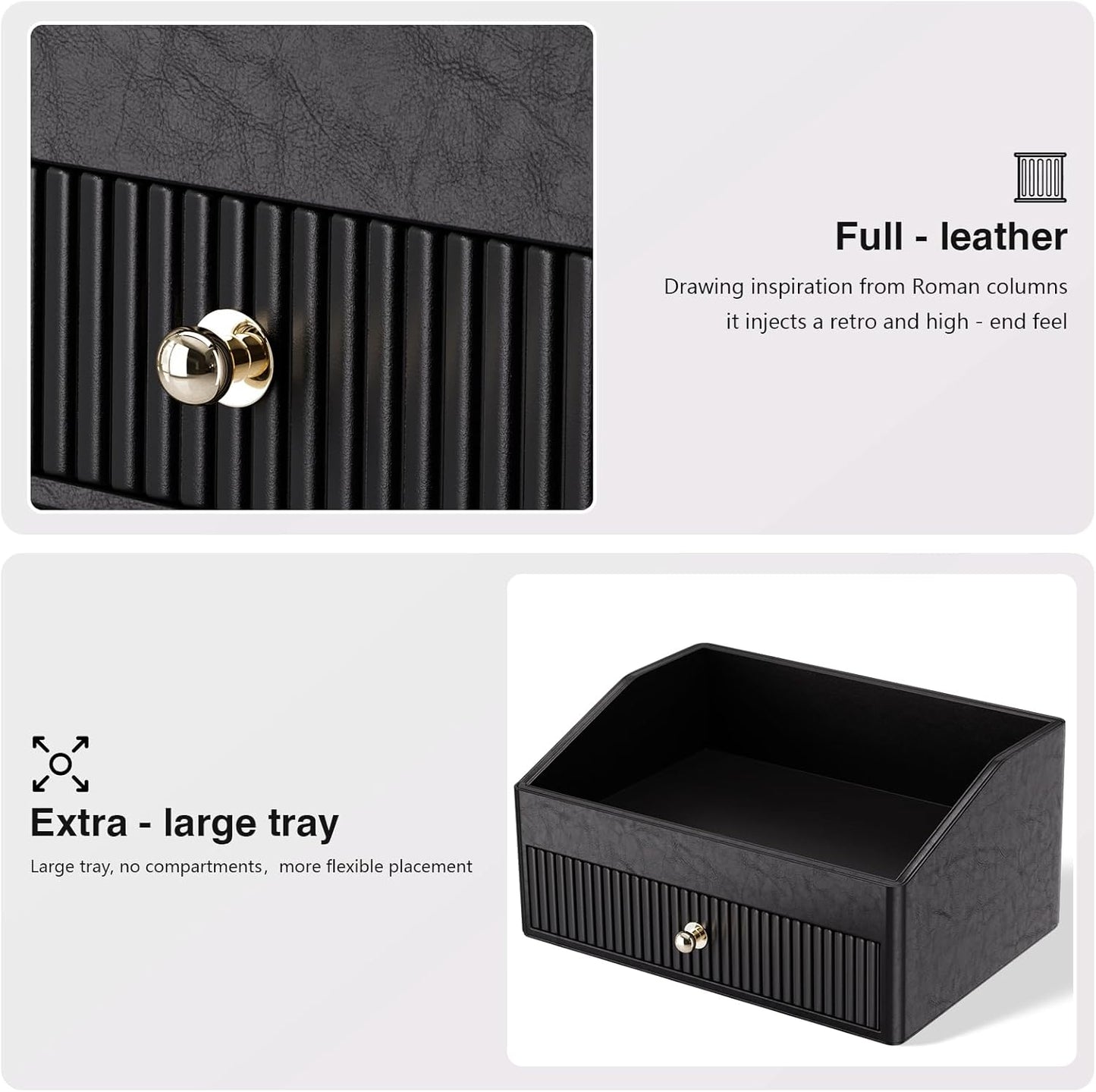Desk Accessories,Black Vegan Leather Desk Organizers with 1 Draw & Tray,Remote Control Holder with Gold-Tone Metal Accents Knob for End Tables,Bedside Table,Bedroom