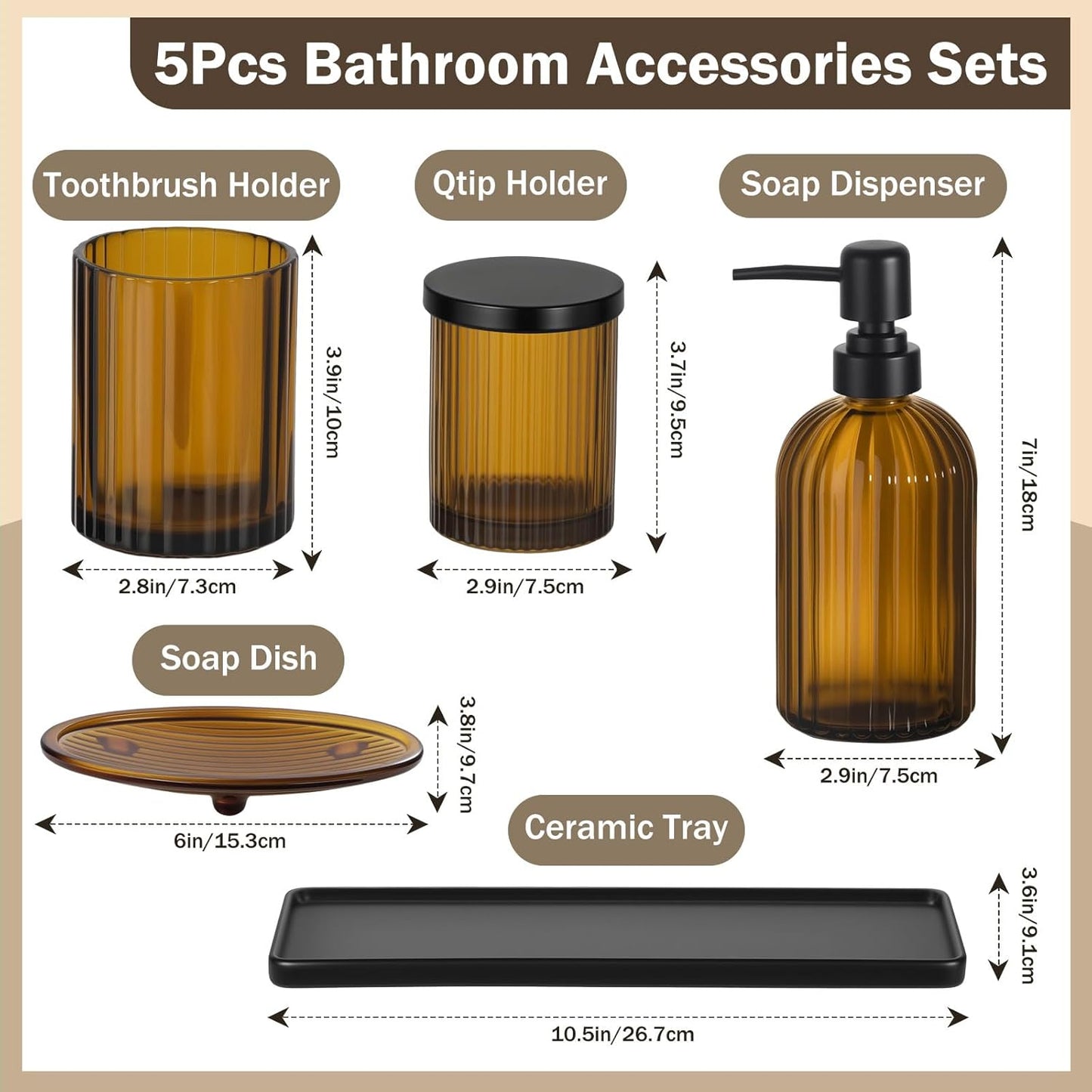 Shinowa Bathroom Accessories Set, 5 Pcs Clear Glass Bathroom Accessory Sets Complete with Soap Dispenser, Toothbrush Holder, Q-Tips Holder, Soap Dish, Ceramic Tray, Vanity Organizer, Brown + Black
