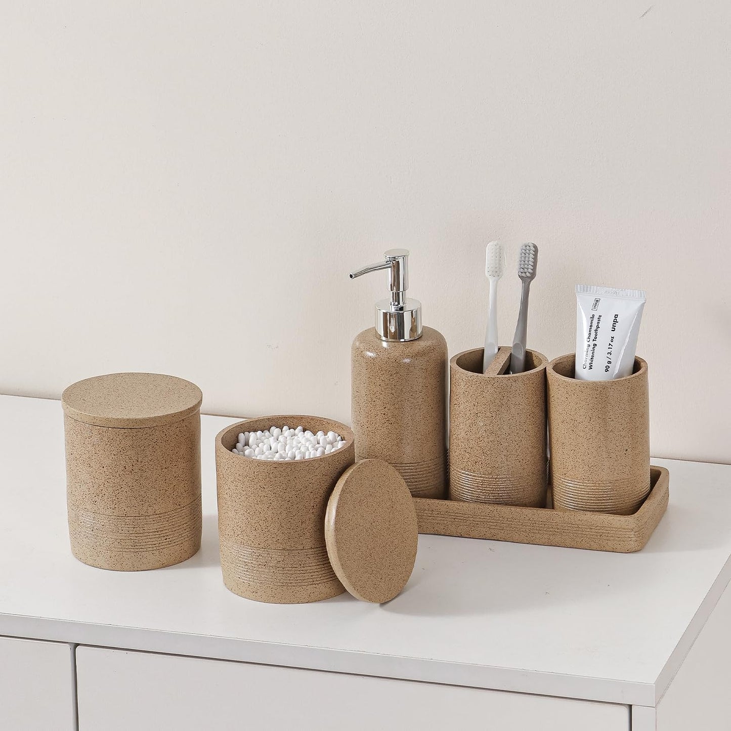Bathroom Accessories Set, 6 PCS Modern Rustic Resin Bathroom Organizer Set, Toothbrush Holders Set, Soap Dispenser, Vanity Tray, Tumbler, Cotton Swab Jars (Dark Beige)