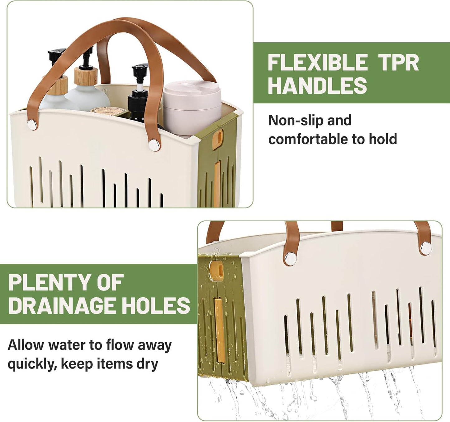 Portable Shower Caddy Collapsible Plastic Shower Basket Tote with Handles Removable Divider, Cleaning Caddy Storage Organizer for Bathroom College Dorm (Green)