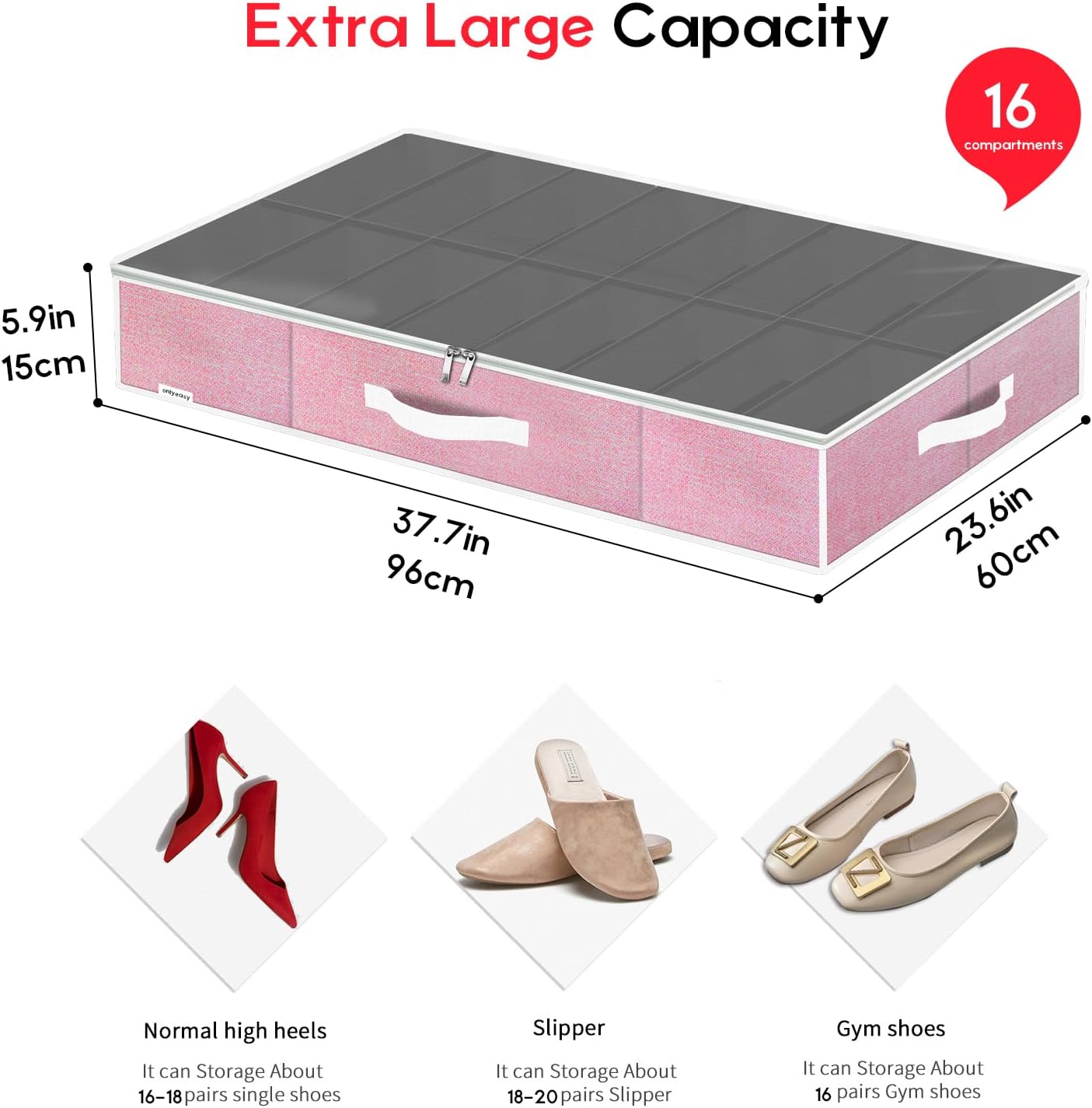 Onlyeasy Large Under Bed Shoe Organizer Container Box, Set of 2, Fit 16 to 32 Pairs of shoes, Underbed Shoes Closet Storage Solution, L37.7x W23.6x H5.9 inch, Cotton-like Pink, MXPUBS16P2