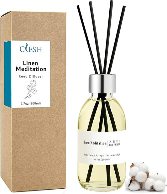 Clesh Reed Diffuser Set, 6.7 oz Linen Scented Diffuser with Sticks, Home Fragrance Reed Diffuser for Bathroom Shelf Decor, Linen Meditation