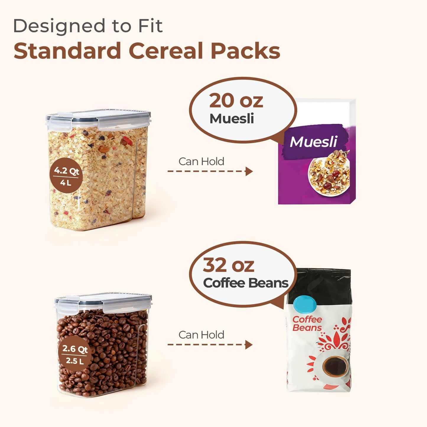 ComSaf 3 PCS Cereal Storage Containers Set, Airtight Food Containers with lid for Rice Pet food, Medium & Small Cereal Dispenser for Kitchen Pantry Organization (4L + 2.5L×2)