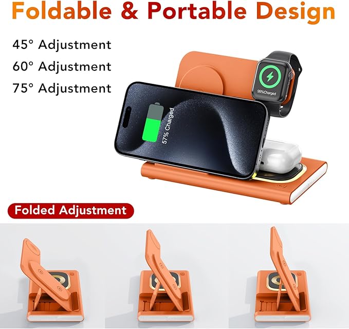 3 in 1 Charging Station for iPhone 17 - Wireless Charger for Apple Products for iPhone 17 16 15 14 13 12 11 Pro Max - Foldable Wireless Charging Station Dock Stand for iWatch Series & AirPods(Orange)