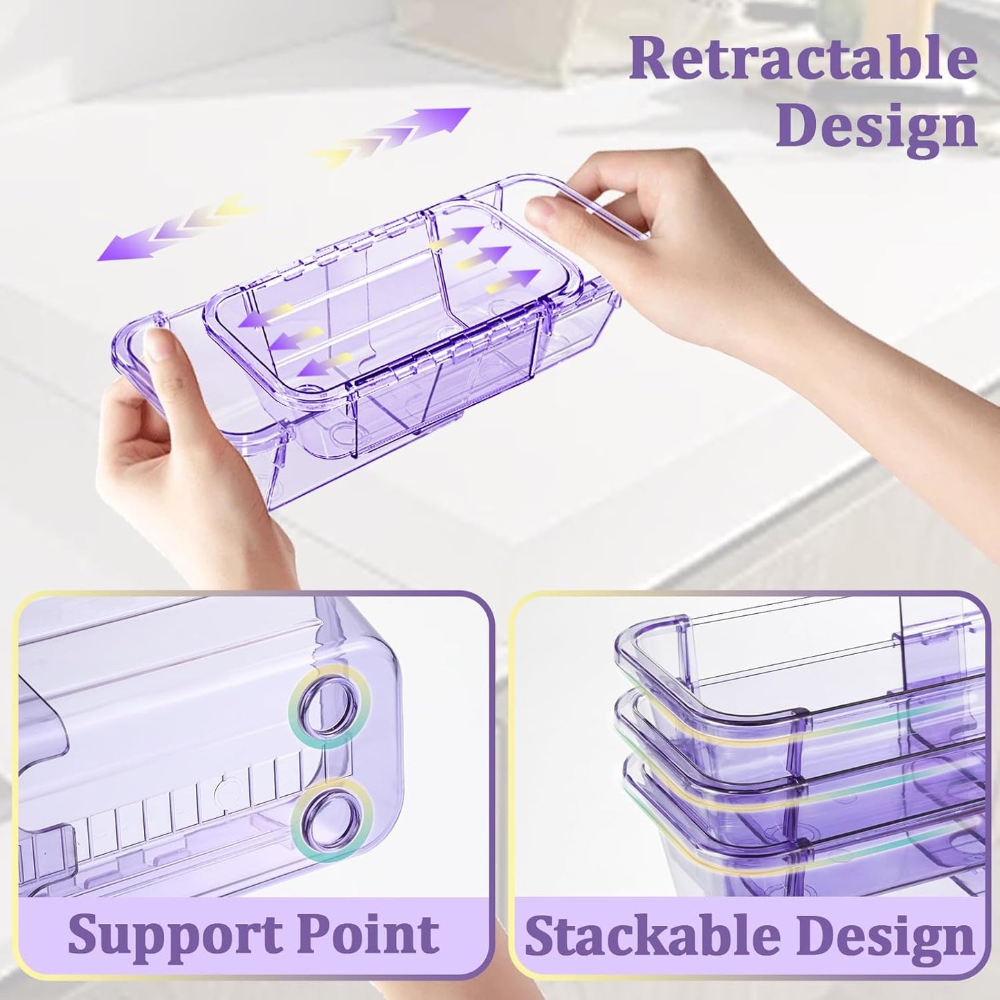 20 Pcs Adjustable Clear Drawer Organizer, Extendable Vanity Storage Bins, Desk Drawer Organizer Set for Makeup, Cosmetics, Bedroom, and Gadgets, Purple