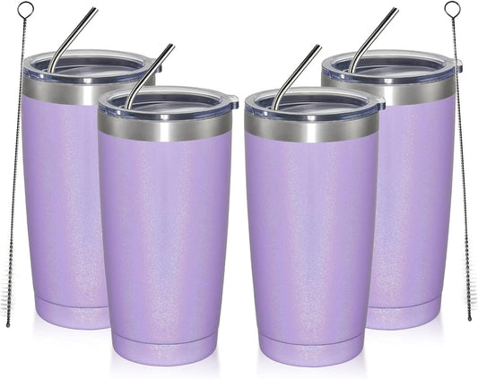 MEWAY 20oz Tumbler 4 Pack Double Wall Vacuum Insulated Travel Glitter Mug Bulk, Stainless Steel Tumblers with Lid and Straw, Powder Coated Coffee Cups for Woman(Rainbow Purple,Set of 4)