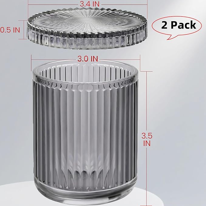 2 Pack Glass Qtip Holder Dispenser Set - Bathroom Organizer for Cotton Swabs, Balls, Pads, Floss Picks - Clear Apothecary Jars for Vanity, Makeup Storage, Bathroom Accessories Decor (Gray&Black)
