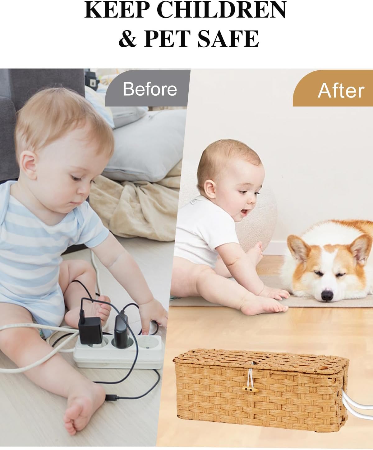 Temary Cable Management Box with Lids, 2-Pack Handmade Cable Organizer Boxes for Home, Office to Hide Cords and Power Strip, Cord Cover Floor Hider Set Woven Rattan Cable Organizer Box