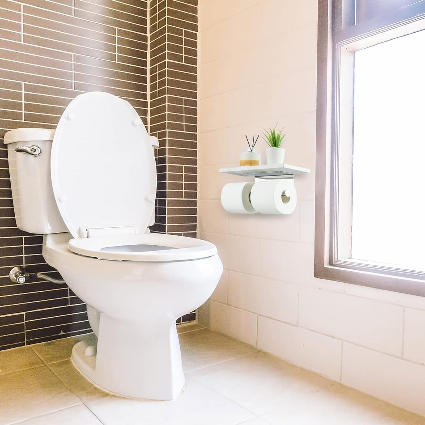 Toilet Paper Holder with Natural Marble Shelf for Bathroom Washroom,Wall Mounted Tissue Holder Suitable for Mega Roll (Brushed Nickel, Large 11.8 * 4.7)