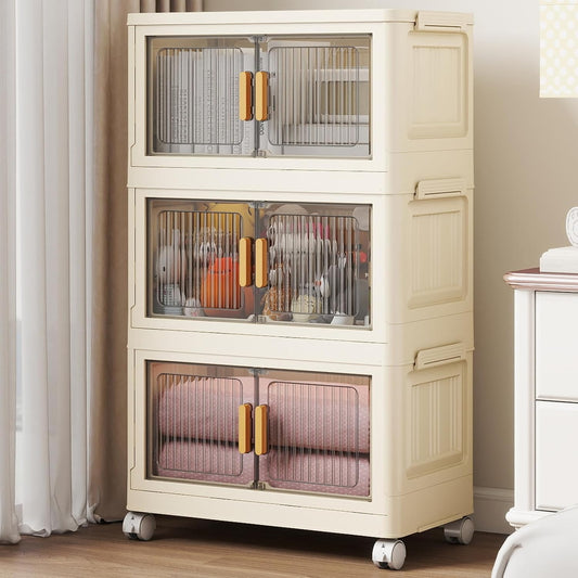 3 Tier Stackable Plastic Storage Bins with Lids 58QT, Collapsible Closet Organizers and Storage with Wheels for Living Room,Office,Dorm