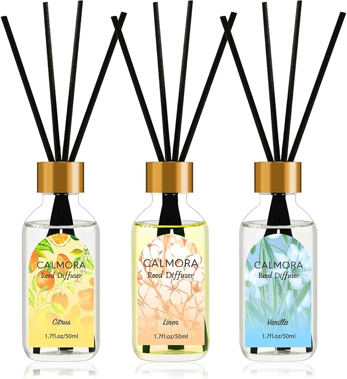 CALMORA Reed Diffuser for Bathroom & Bedroom, 3-Pack 50ml Citrus/Linen/Vanilla Scented Oil Set with 15 Sticks | Home Fragrance Diffuser, Flameless Air Freshener