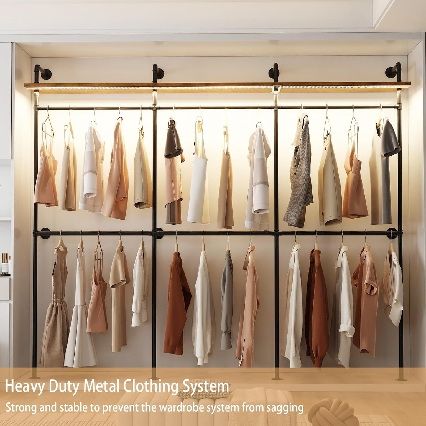 Industrial Pipe Clothes Racks with LED Lights& Shelves, 118" Wall Mounted Clothing Rack for Hanging Clothes, Heavy Duty Industrial Pipe Shelving for Walk-in Closet, Black