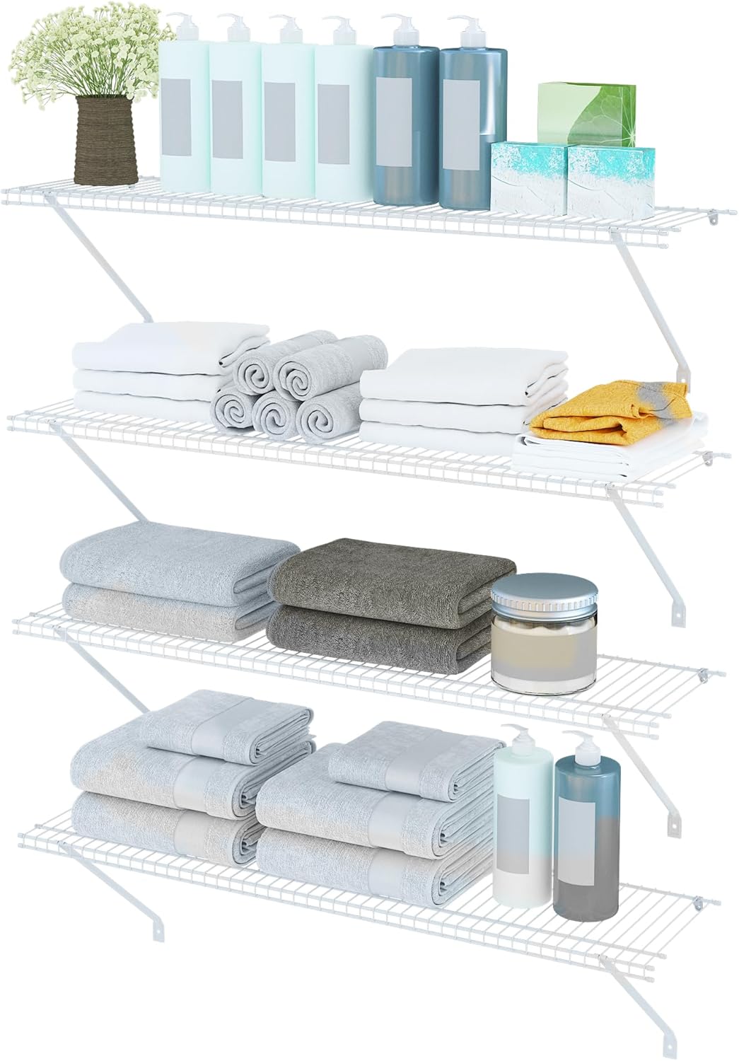 Closet Shelves Wall Mounted, 4 Pack 4 ft x 12 in White Wire Shelving Kit, Metal Wall Shelf Organizer for Home, Pantry, Laundry Room Storage