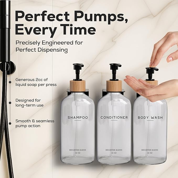 Clear Shampoo and Conditioner Dispenser Set Wall Mounted by Brighter Barns - Plastic Shower Dispenser 3 Chamber No Drill - Refillable Shampoo, Body Wash and Conditioner Bottle for Shower Wall (Clear)