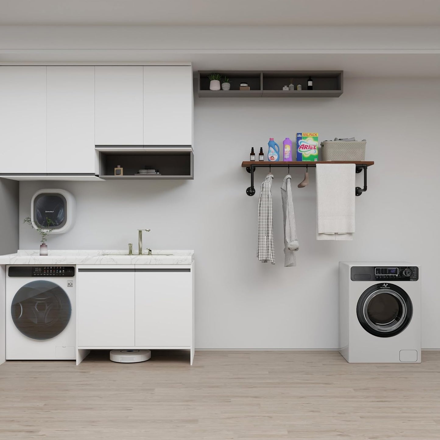 Clothes Rack 36in, Wall Mounted Garment Racks with Brown Real Wood Shelf, Heavy Duty Hanging Clothes Rack, Multi-Purpose Hanging Rod, Space-Saving Closet Storage