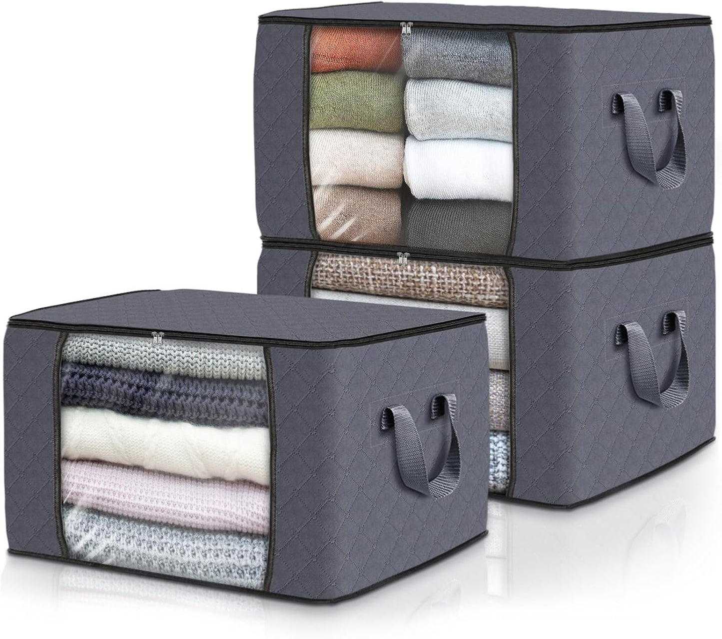 Fab totes Storage Bags,Clothes Blanket Storage Bins Foldable Closet Organizers with Reinforced Handle for Home Dorm Storage and Organization,Fabric Bags for Organizing Sheets,Clothing (Grey,3 Pack)