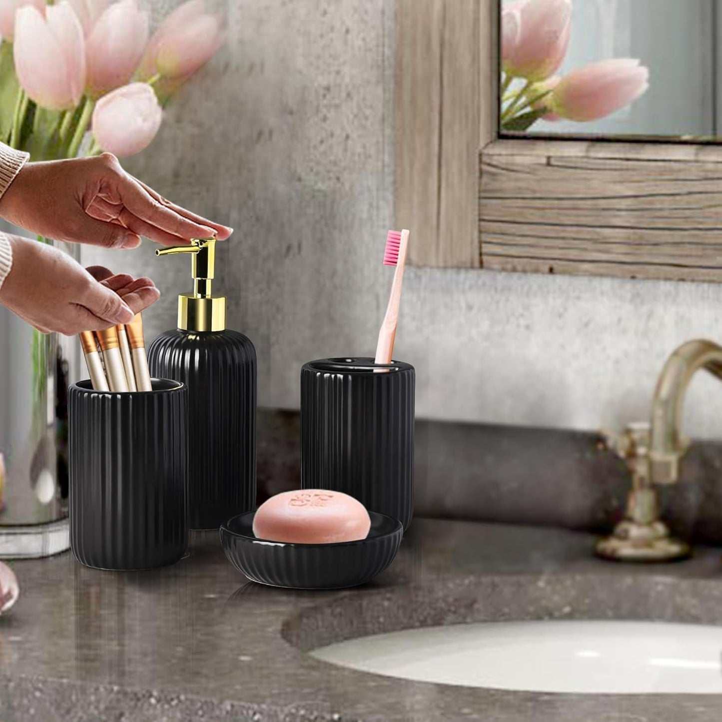 Black Bathroom Accessories Set, 4PC Ceramic Bathroom Sets Complete-Toothbrush Holders, Soap Dispenser, Soap Dish, Toothbrush Cup, Stylish Black Gold Bathroom Decor, Bathroom Organizer for Countertop