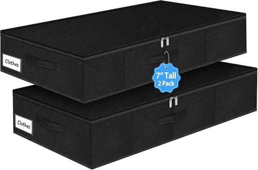 Under Bed Storage Bags with Zipper, 7 Inch Tall Underbed Storage Containers with Rigid Sides & Bottom,30x15x6.7 Inches, Large Clothes Organizer Box for Bedroom, Dorm, Couch, Black