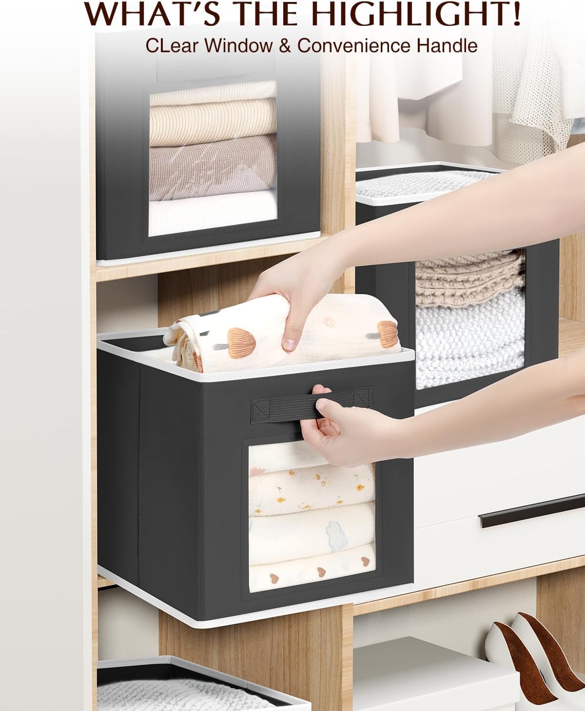 Foldable Storage Cubes - Cube Storage Organizer with Window, Decorative Baskets for Organizing, Fabric Bins for Clothes , 11 inch Black Closet bins, Set of 12, Black