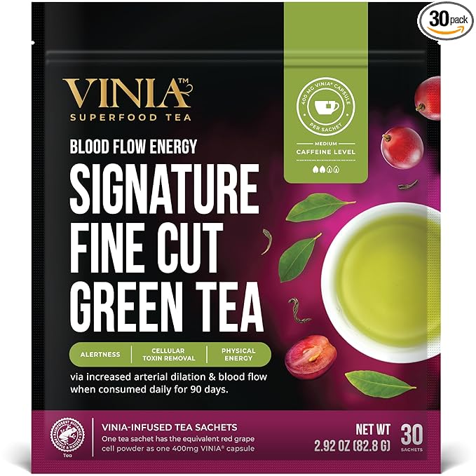 VINIA Signature Green Tea Bags, Made with Organic Green Tea, Infused with Piceid Resveratrol for Heart Health, Nitric Oxide, Physical Energy, Alertness, Blood Flow, Keto, Kosher, NON-GMO. 30 Ct