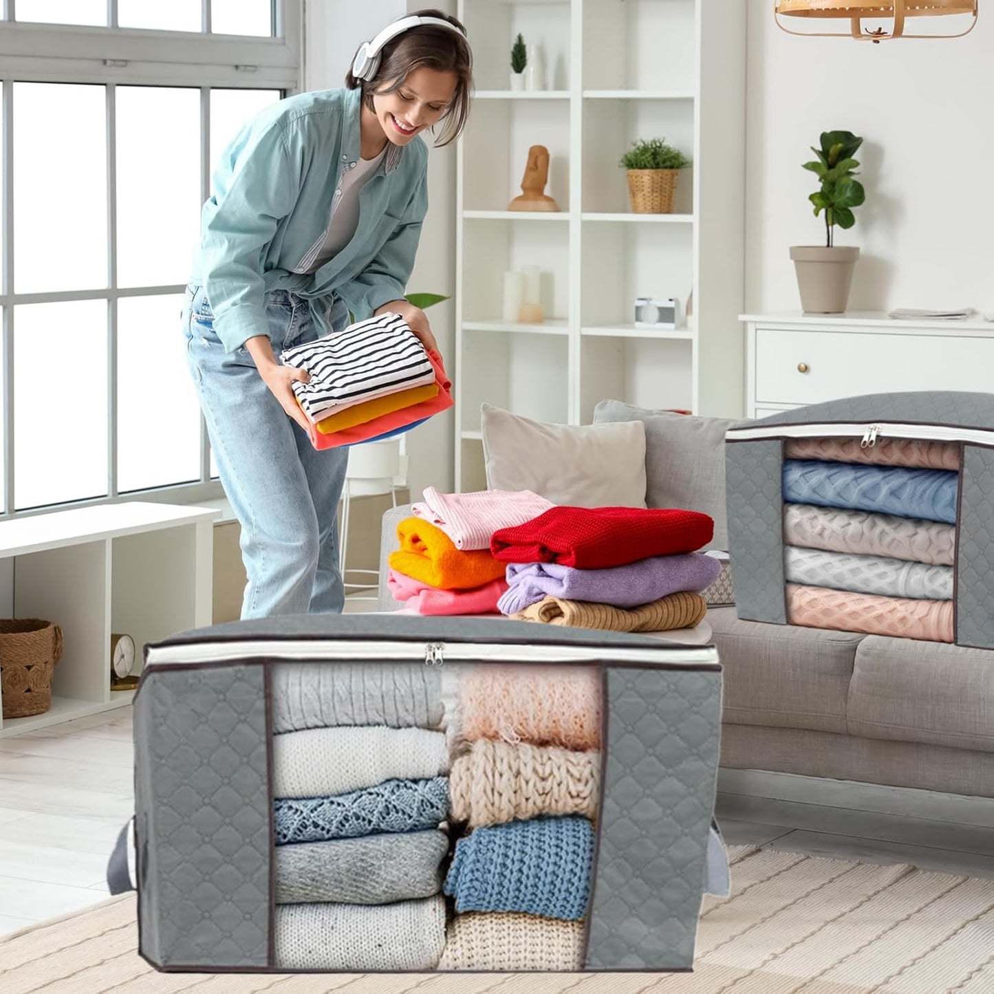 combocube 3Pcs Zippered Storage Bag for Closet King Comforter, pillow, quilt, bedding, Clothes, Blanket Organizers with Large Clear Window & Carry Handles Space Saver