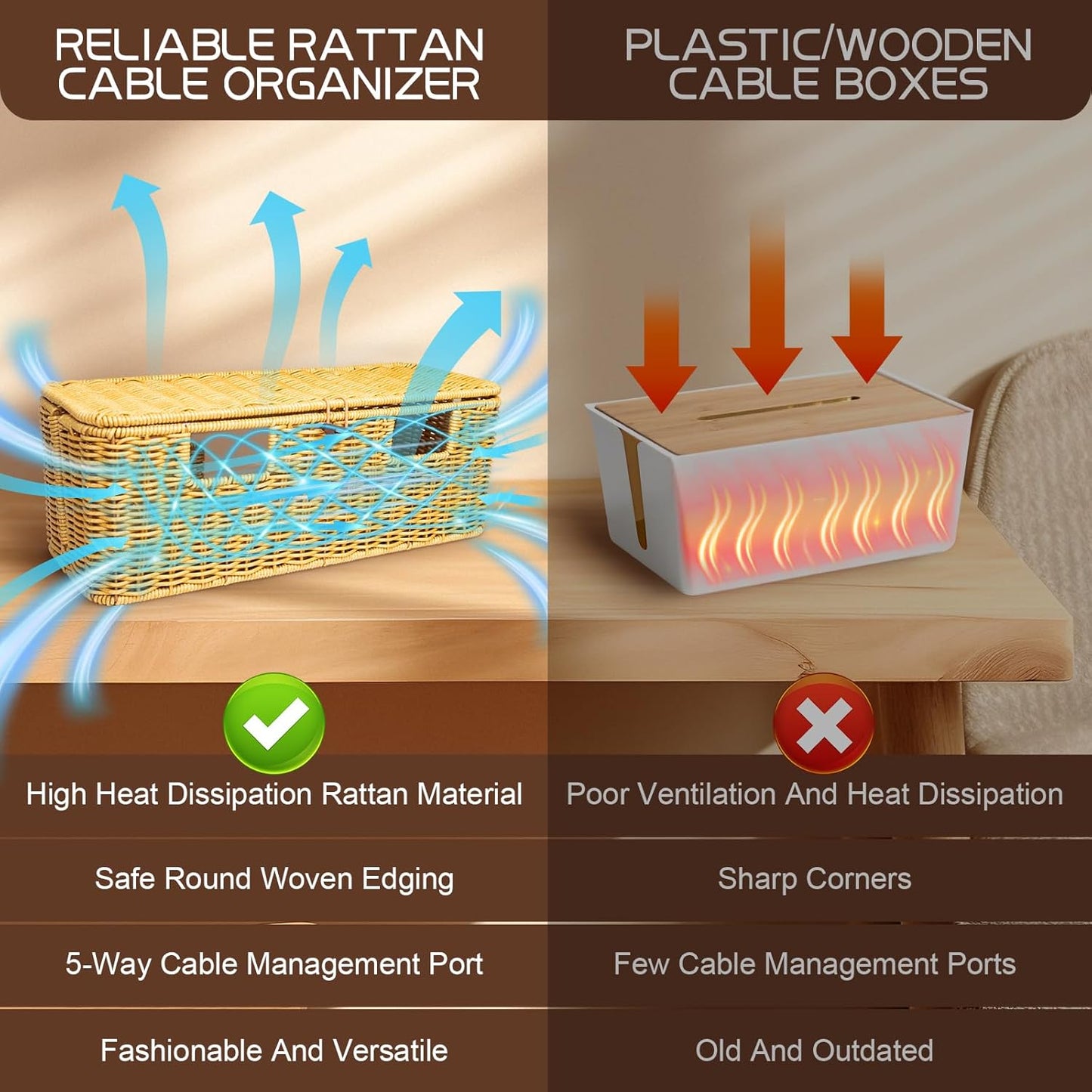Longer Cable Management Box, 16In Handwoven Cord Management Box with 5 Slots, Floor Cord Hider Boxes for Power Strip and Wire, Cable Organizer Boxes with Lid for Desk, Floor, Office, Living Room