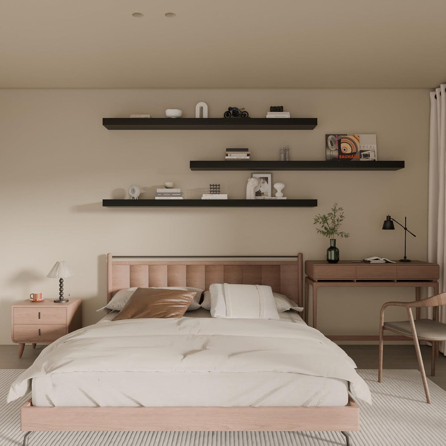 Floating Shelves for Wall, 72 Inch Extra Long Brown Wall Shelves, Set of 3, Hanging Invisible Brackets Floating Shelves for Living Room,Bedroom,and Kitchen (Black, 3T72IN)