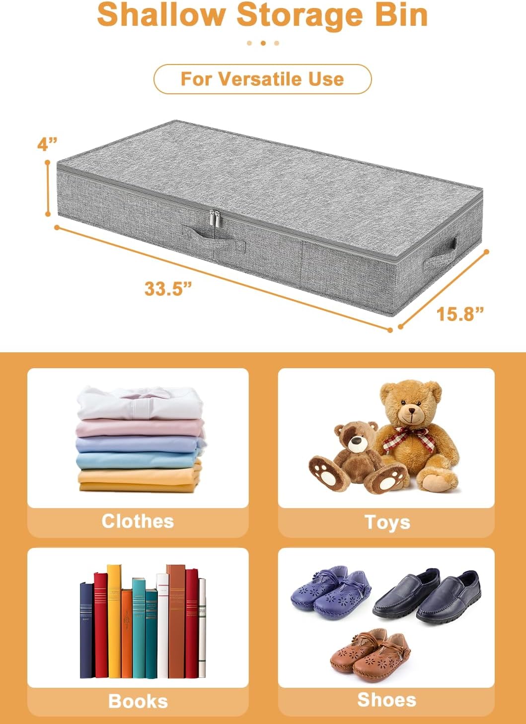 punemi Low Profile Under Bed Storage, 4 Inch Height Underbed Storage Containers With Sturdy Sidewalls & Bottom, Shallow Under Bed Organizer Clothes Storage Bins, Slim Under Couch Sofa Dresser Storage