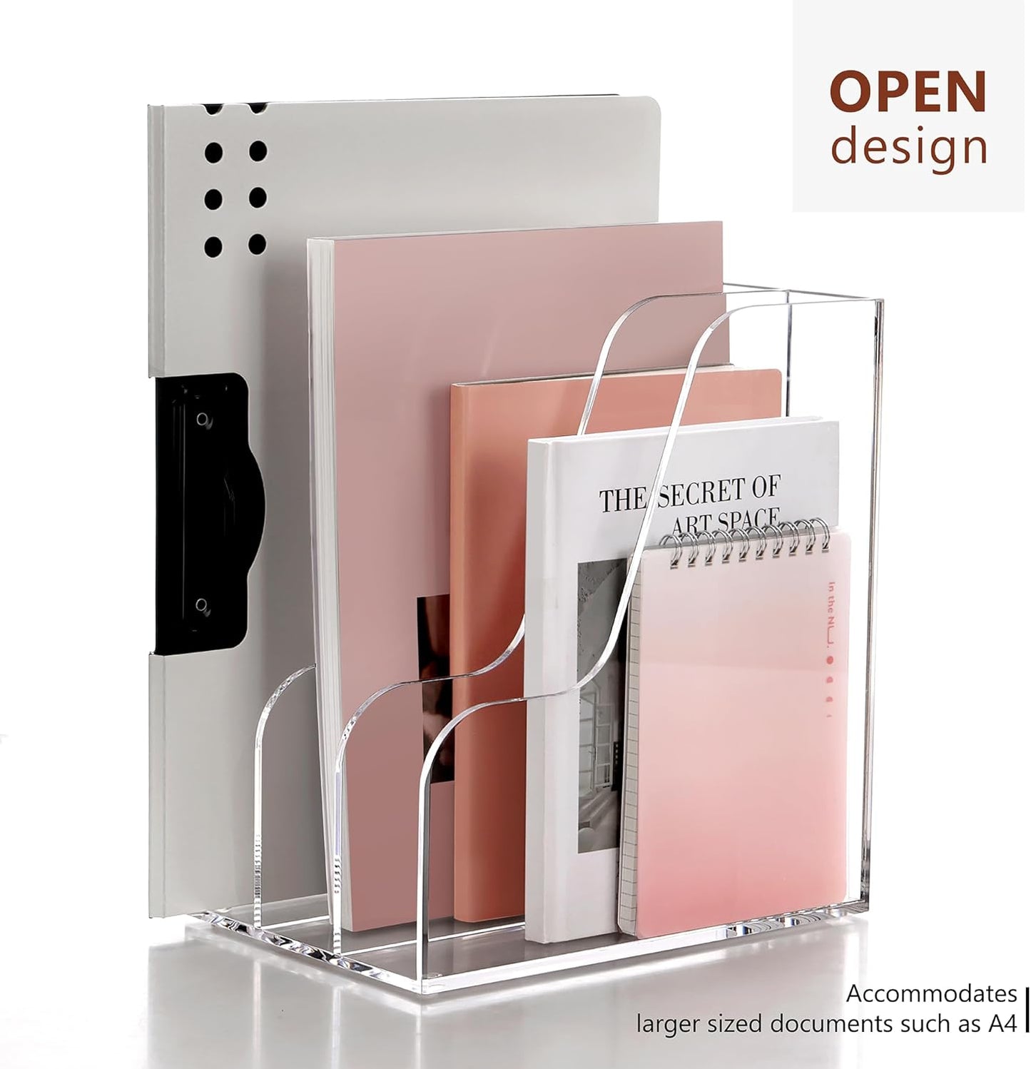 SANRUI Acrylic File Organizer, Compact Desk Organizer for Folders, Binders, Notebooks, Envelopes, Clear Magazine File Holder, 3 Section Bookshelf for School Home Office Organization, A4 Size