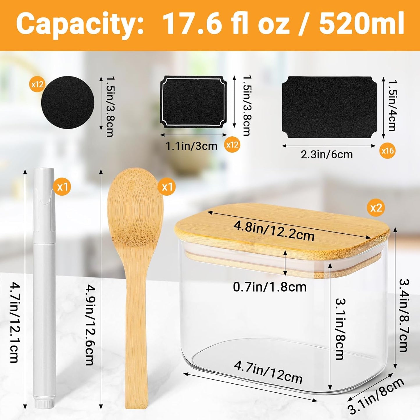 Rectangle Glass Jars with Lids, 2 Pack 17oz Glass Jars with Bamboo Lids, Airtight Pantry Storage Containers for Kitchen Countertop, Tea Container for Cereal, Sugar, Coffee, Cookie, Spice, Nuts